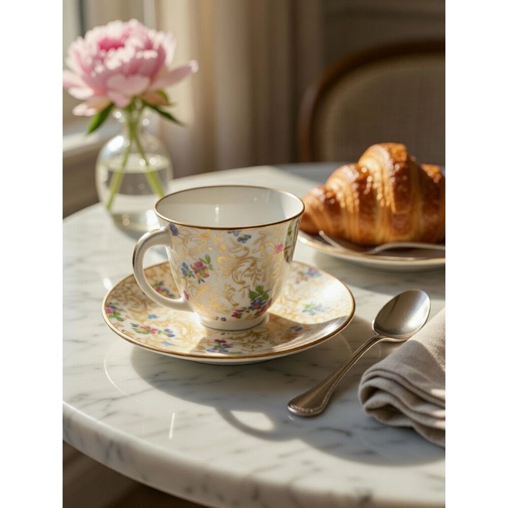 Vintage Haviland Limoges France Demitasse Cup & Saucer Gold Floral 816 Antique E
